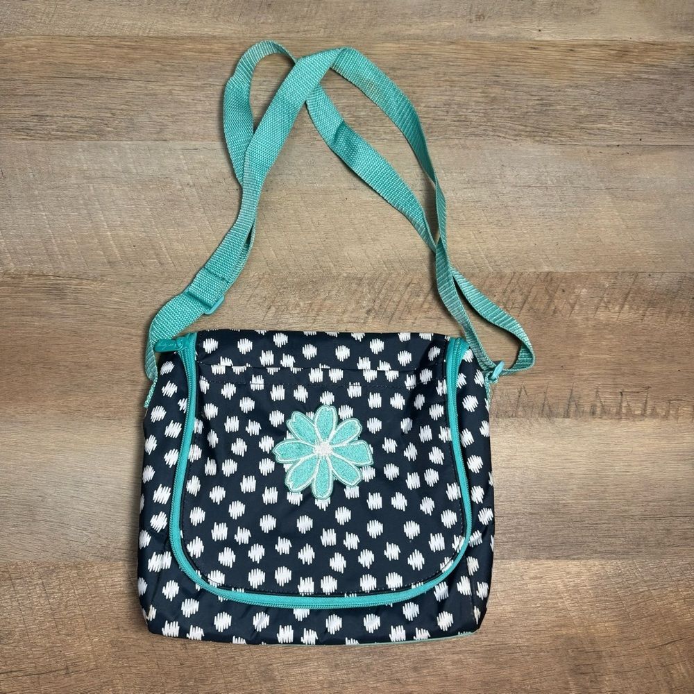 Thirty One Going Places Thermal Crossbody Lunchbox in Navy Doodle Dot Pattern